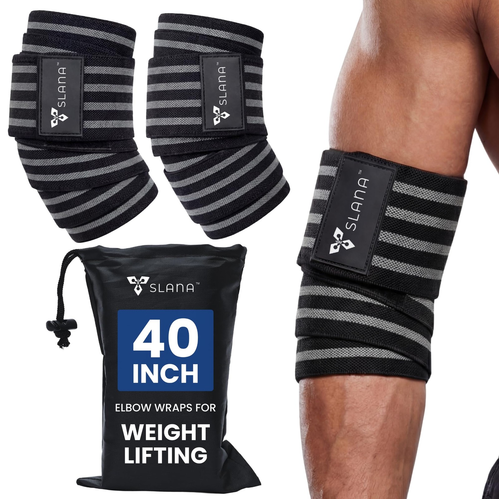 Elbow Wraps for Weightlifting – 40” Long Adjustable Compression - Elbow Sleev...