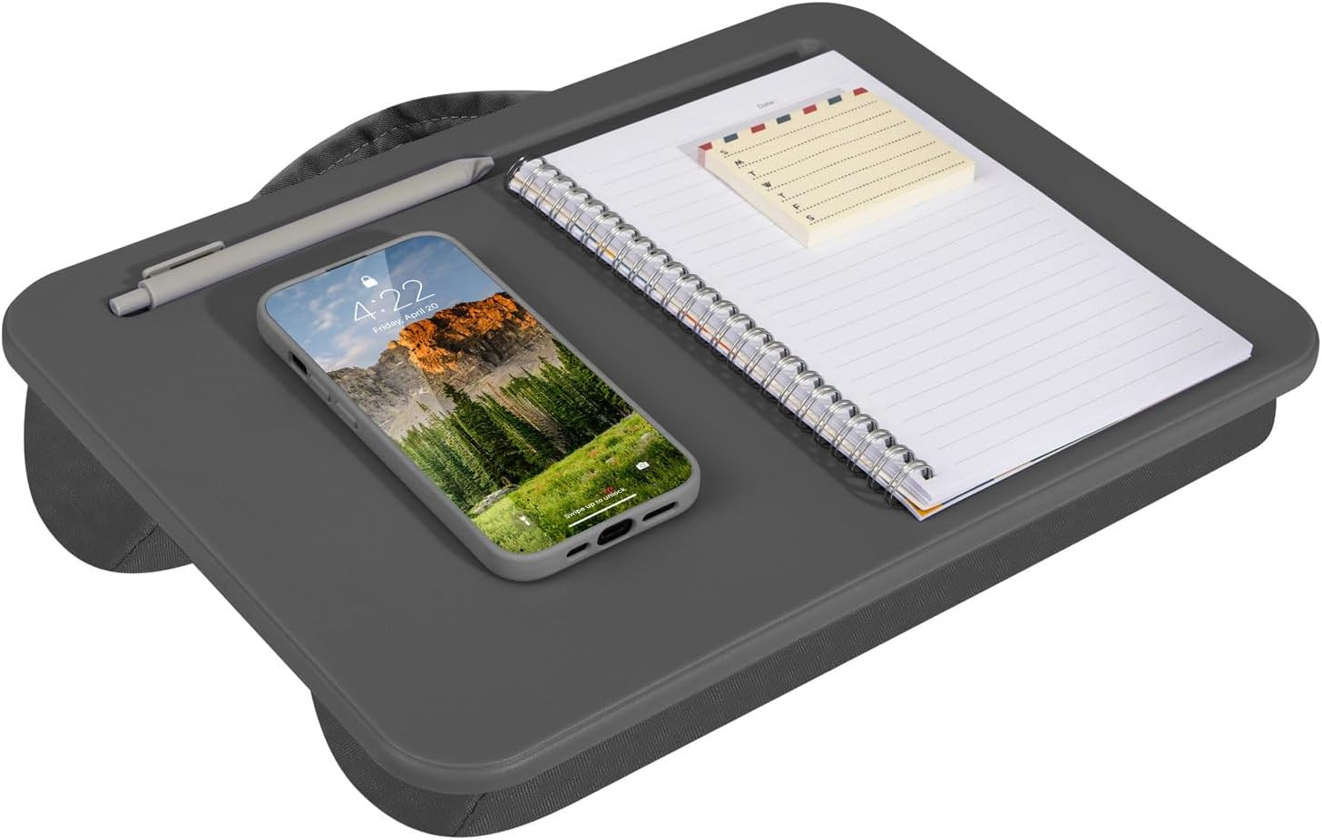Compact Lap Desk – Charcoal, Fits 14" Laptops | Microbead Cushion, Built-In Penc