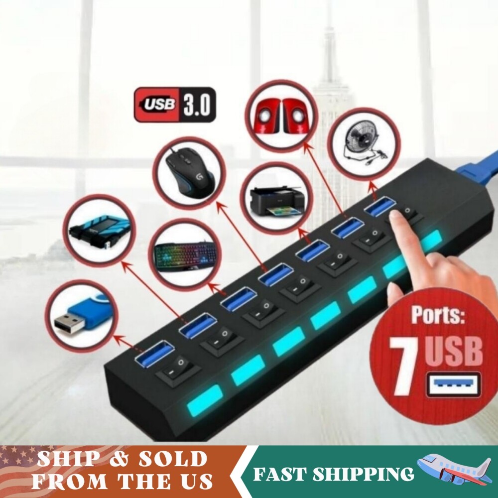 7 Port USB 3.0 Hub Charger Switch Splitter Powered AC Adapter PC Laptop Desktop