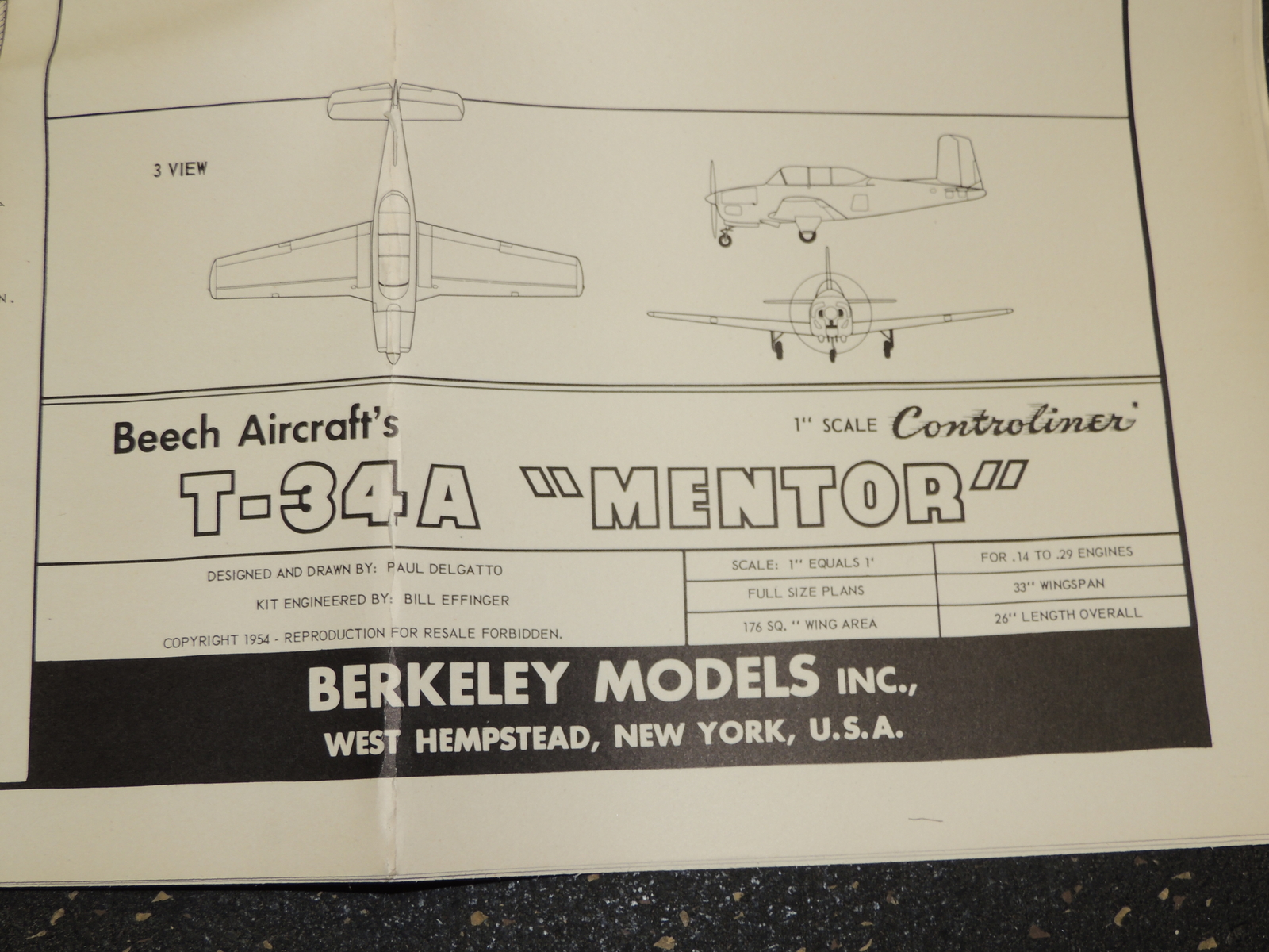 Berkeley Models Airplane Blueprints Plans 1954 T-34A Mentor
