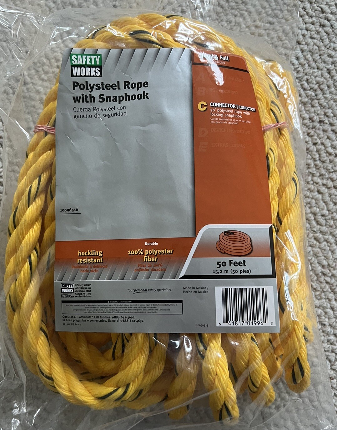 Safety Works 10096605 50-ft Polysteel Rope With Snaphook Vertical Lifeline New