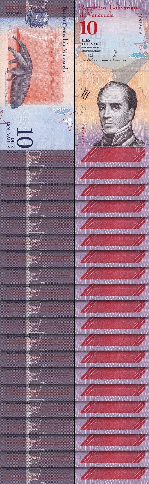 Venezuela 10 Bolivares Soberano 15-1- 2018, UNC, 20 Pcs LOT, Consecutive, P-103a
