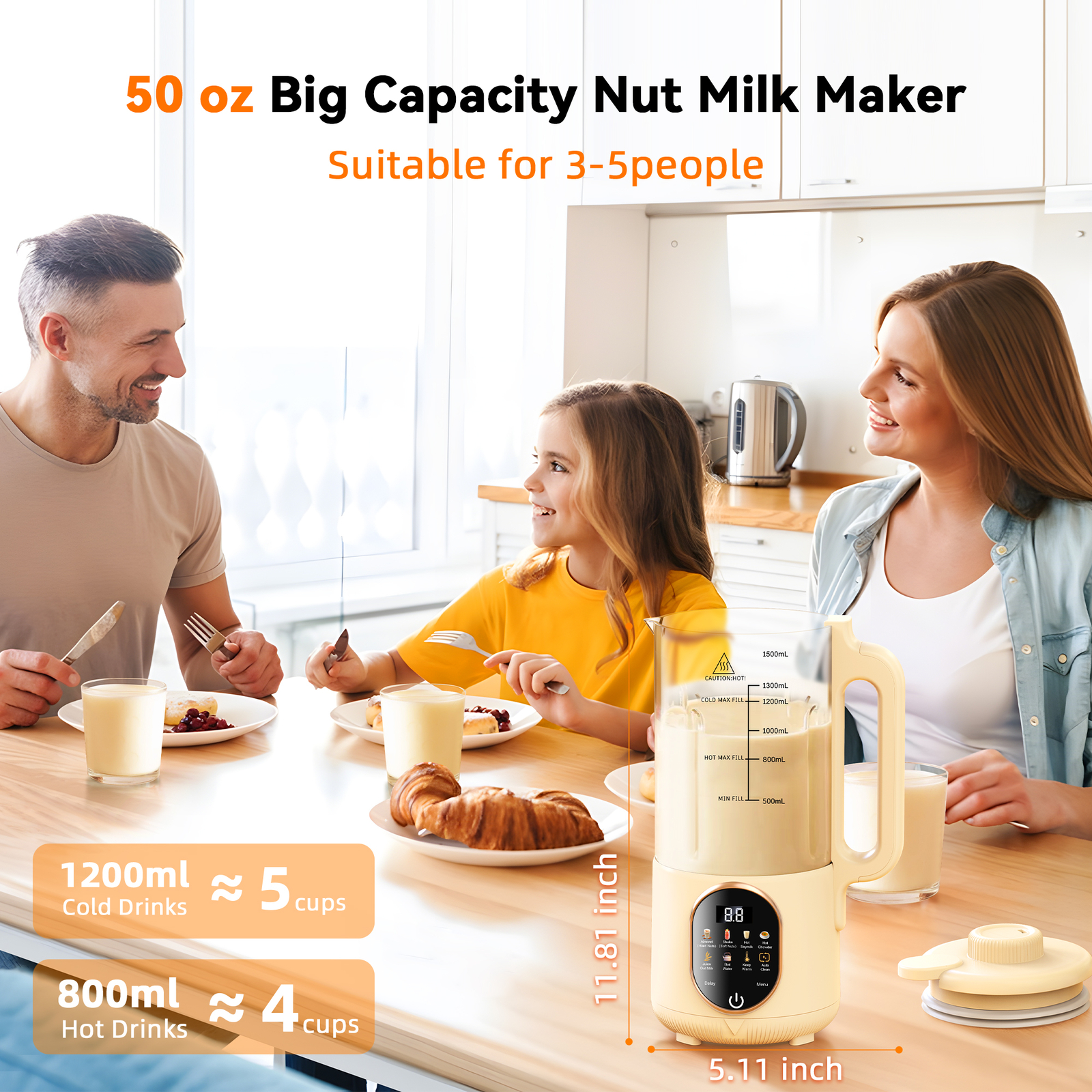 50oz Automatic Nut Milk Maker, with Delay Start, Keep Warm, Boil Water (1500ML)