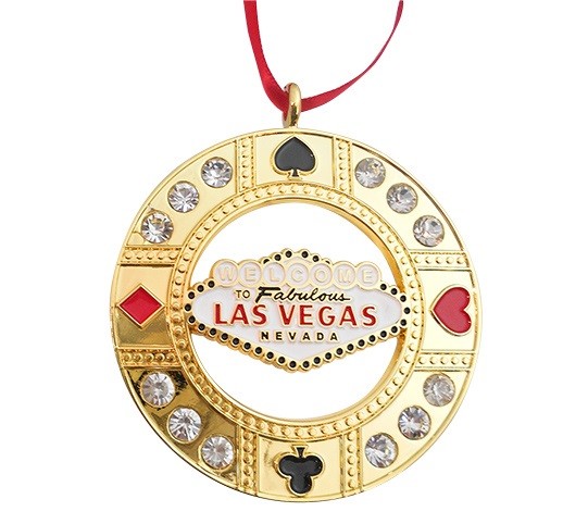 Las Vegas Sign Metal Hanging Christmas Ornament Holiday Rhinestone Gold Heart