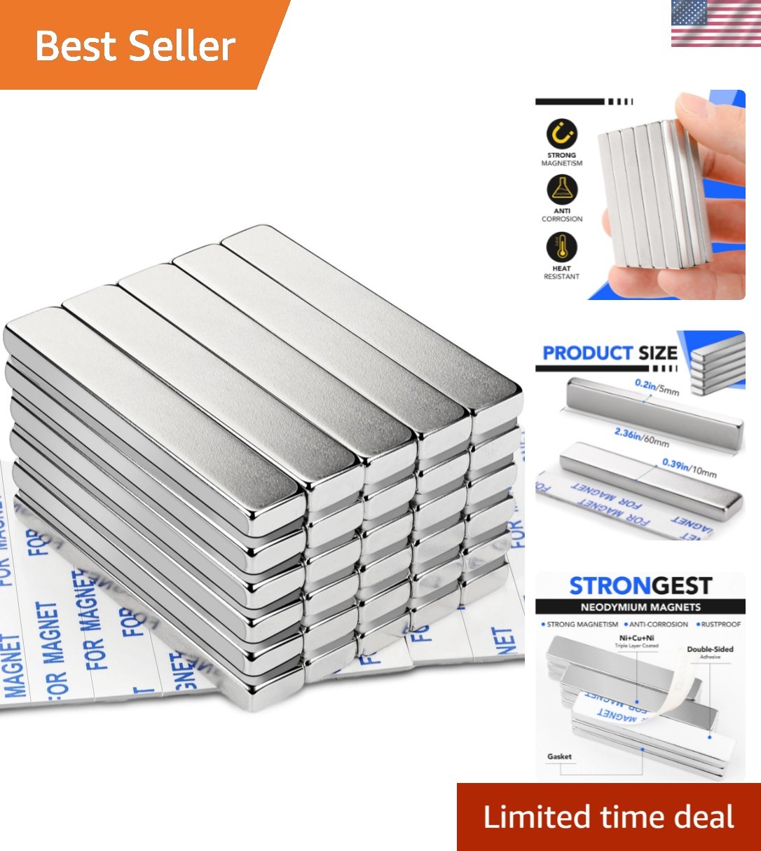 Powerful Neodymium Bar Magnets, Rare-Earth Metal Neodymium Magnet, N52 Incred...
