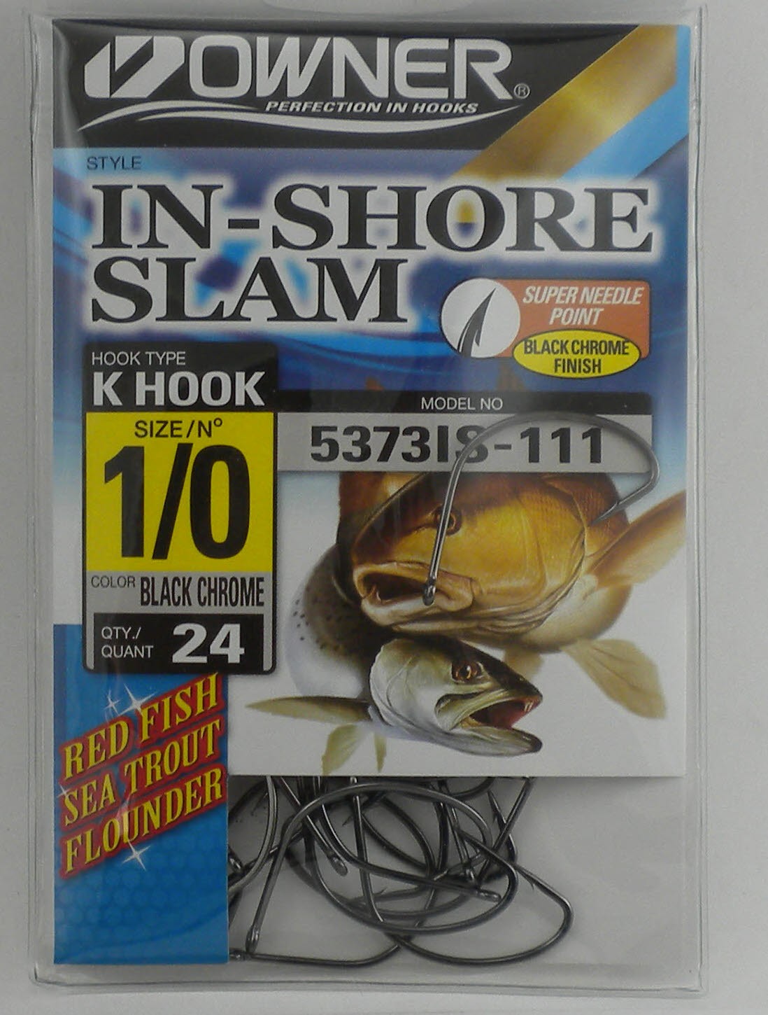 Owner 5373IS-111 Inshore Slam K-Hook Xtra Wide Gap Kahle Black Chr Size 1/0 24Ct