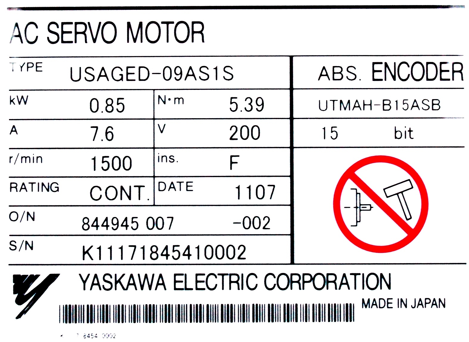 Yaskawa Motors-AC Servo USAGED-09AS1S *REPAIR EVALUATION ONLY* [PZJ]