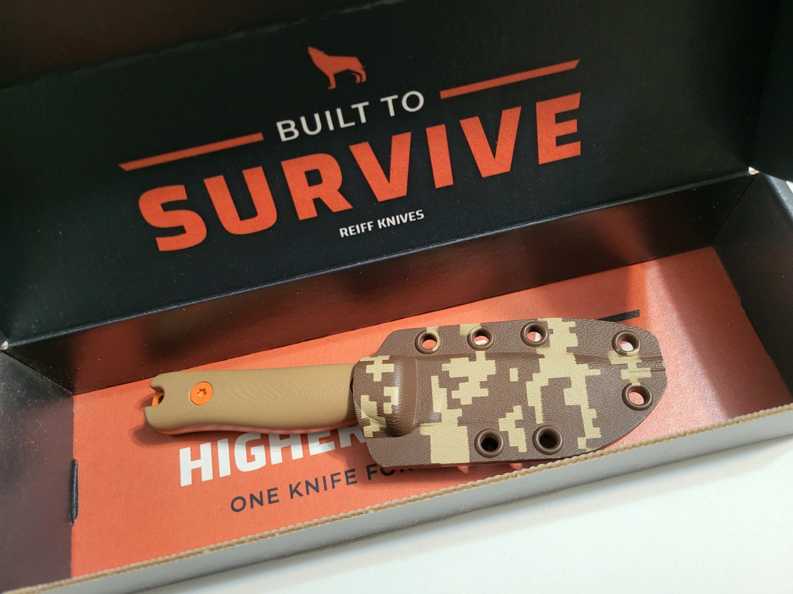 Reiff Knives F3 Survival Knife CPM 3V Orange Blade Tan G10 Handle Camo Sheath