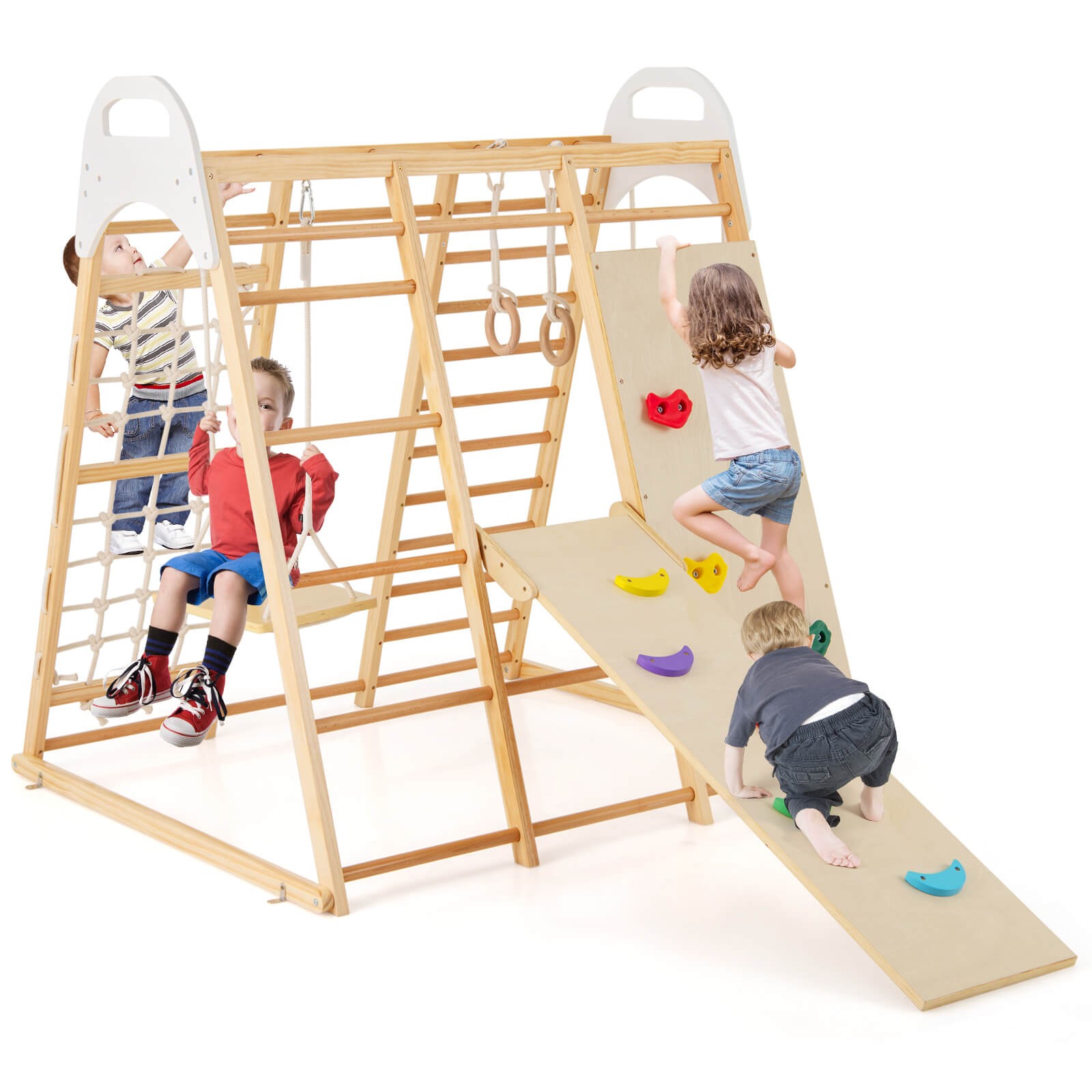 8-in-1 Jungle Gym Playset, Wooden Climber Play Set w/ Monke Natural