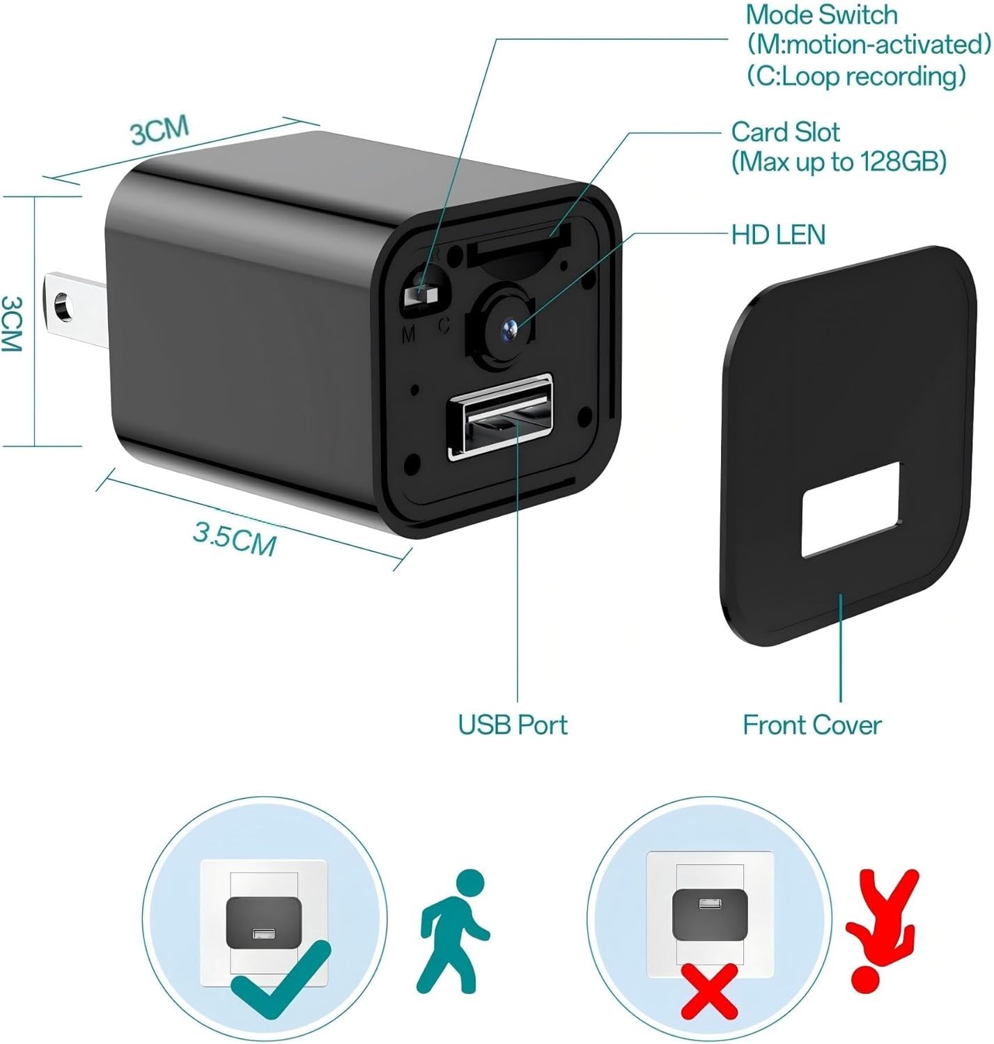 Mini Camera with 64G Card 1080P Small Security Camera Charger with Motion