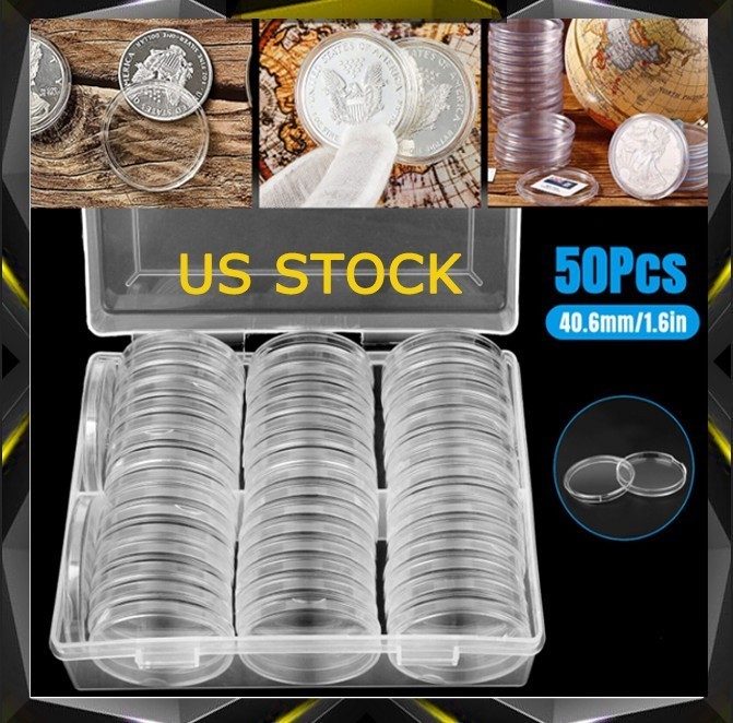 50X Coin Holder Case Capsules 40.6mm Clear for 1 Oz Silver Dollar w/ Storage Box