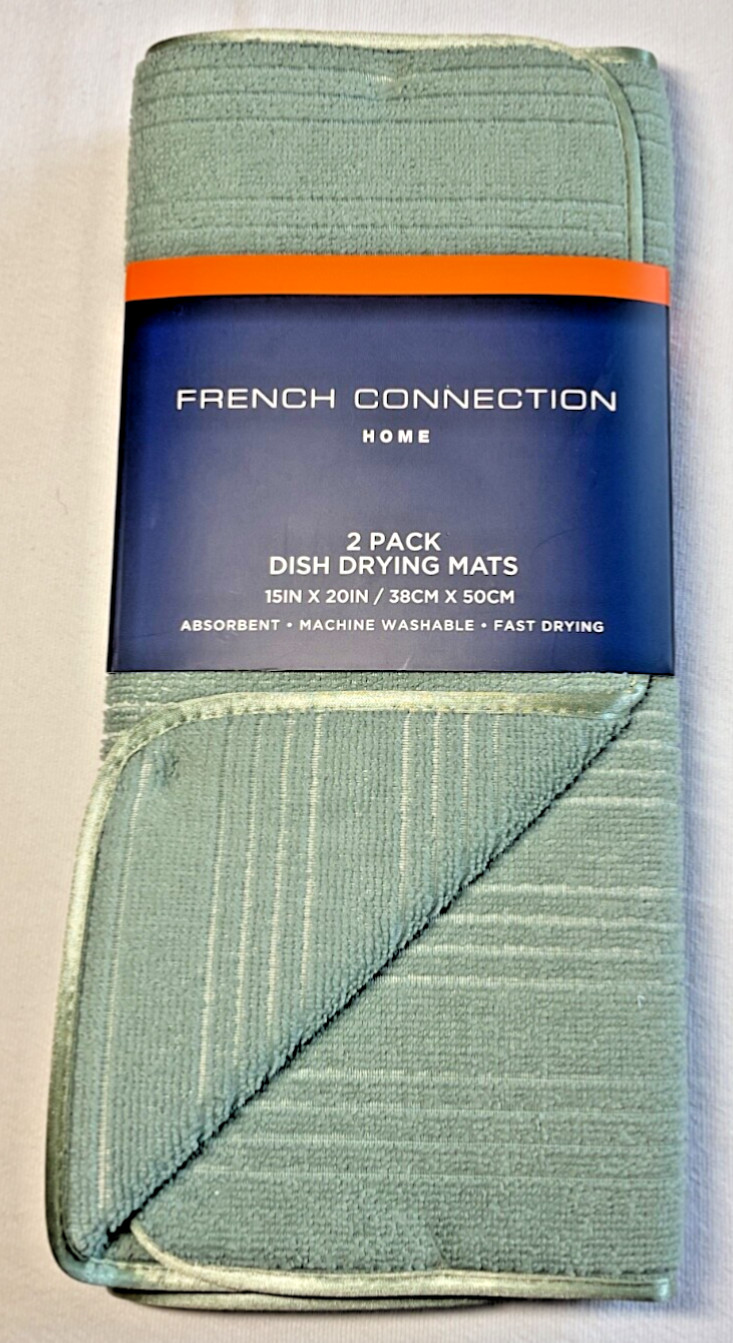 FRENCH CONNECTION DRYING MATS (2) SAGE GREEN STRIPES 15 x 20 POLYESTER NIP