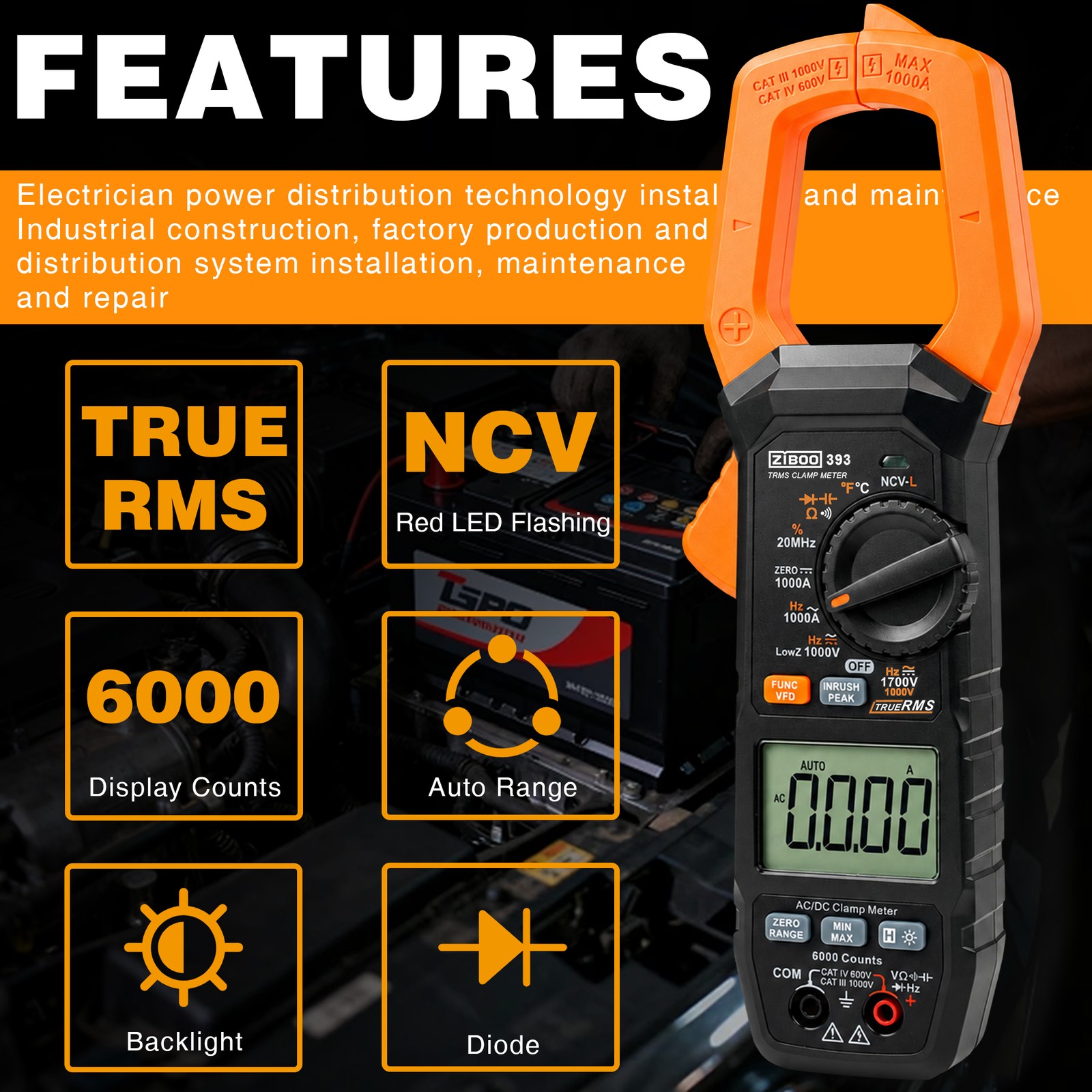 ZIBOO 393 True RMS Clamp Meter, DC 1700V Digital Multimeter