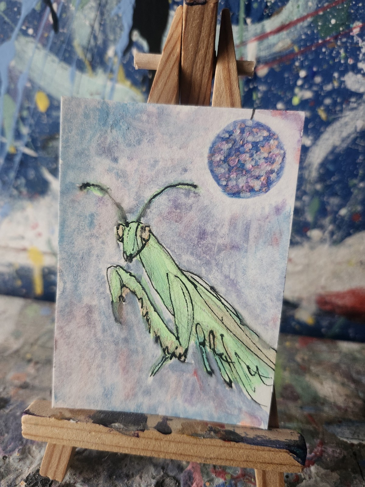 Original ACEO Art Card – Disco Praying Mantis – Signed – Insect W/C Illustration