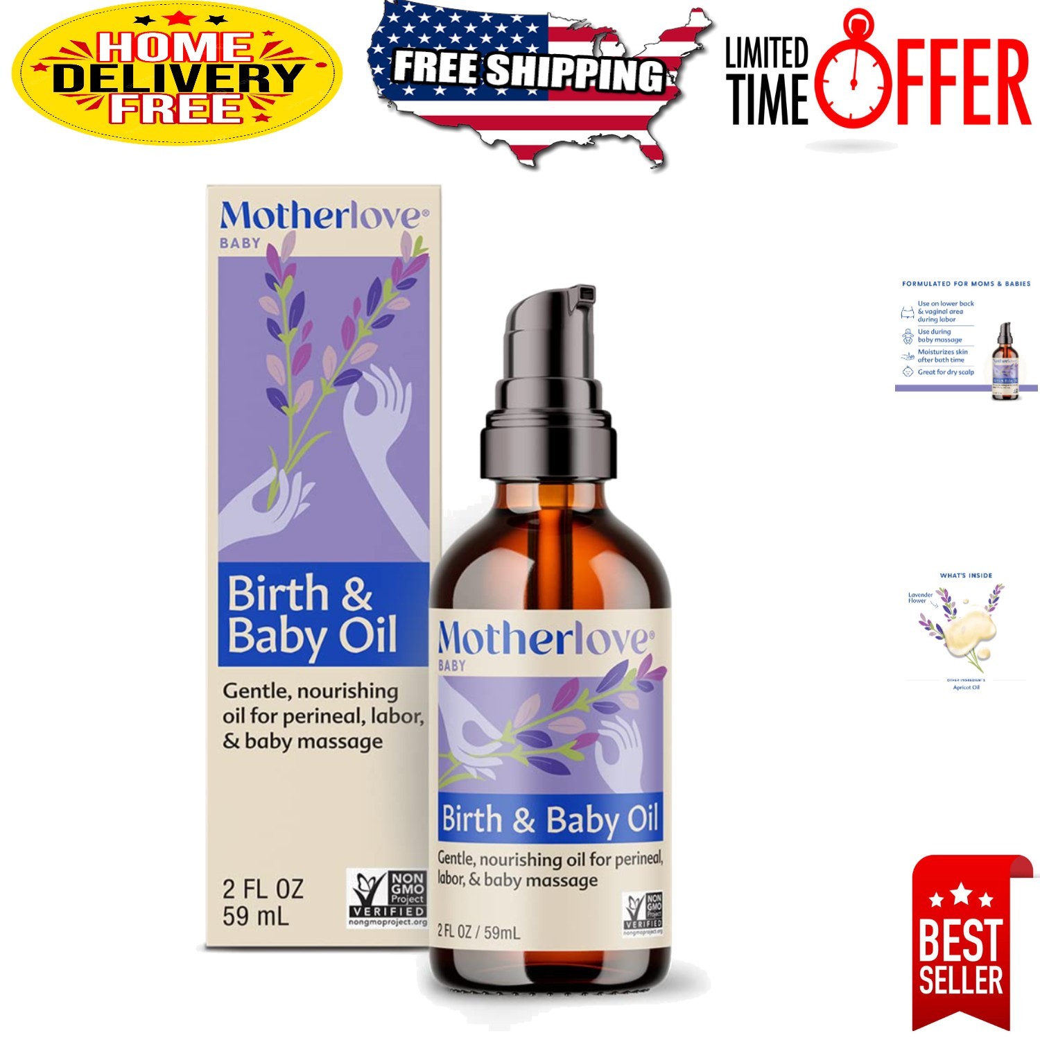 Gentle Lavender-Infused Birth & Baby Oil 2 oz - Organic & Non-GMO Massage Oil