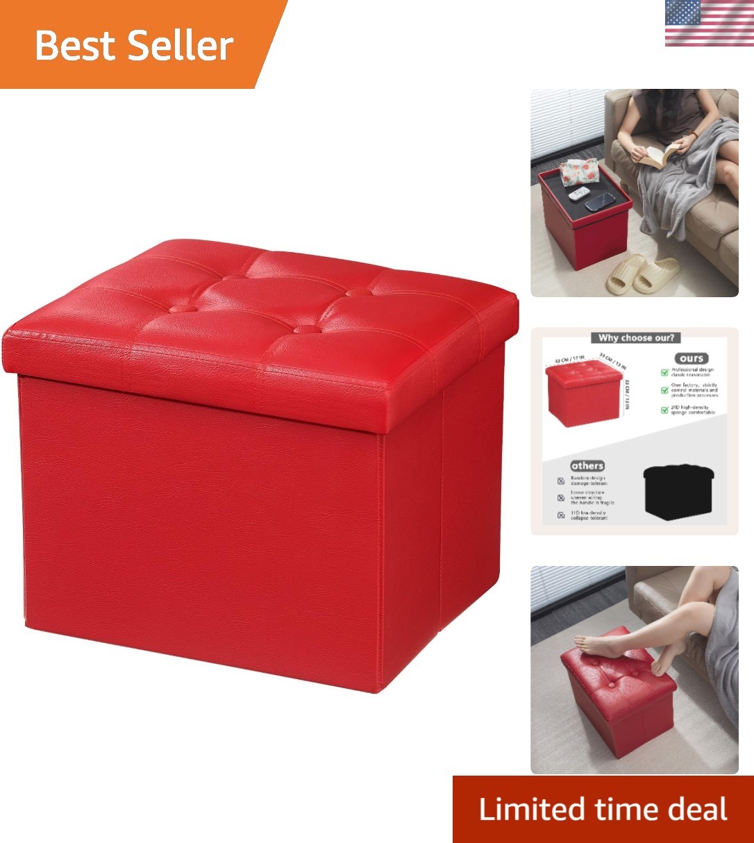 Elegant Faux Leather Folding Footrest – 17x13x13 Inch Storage Ottoman