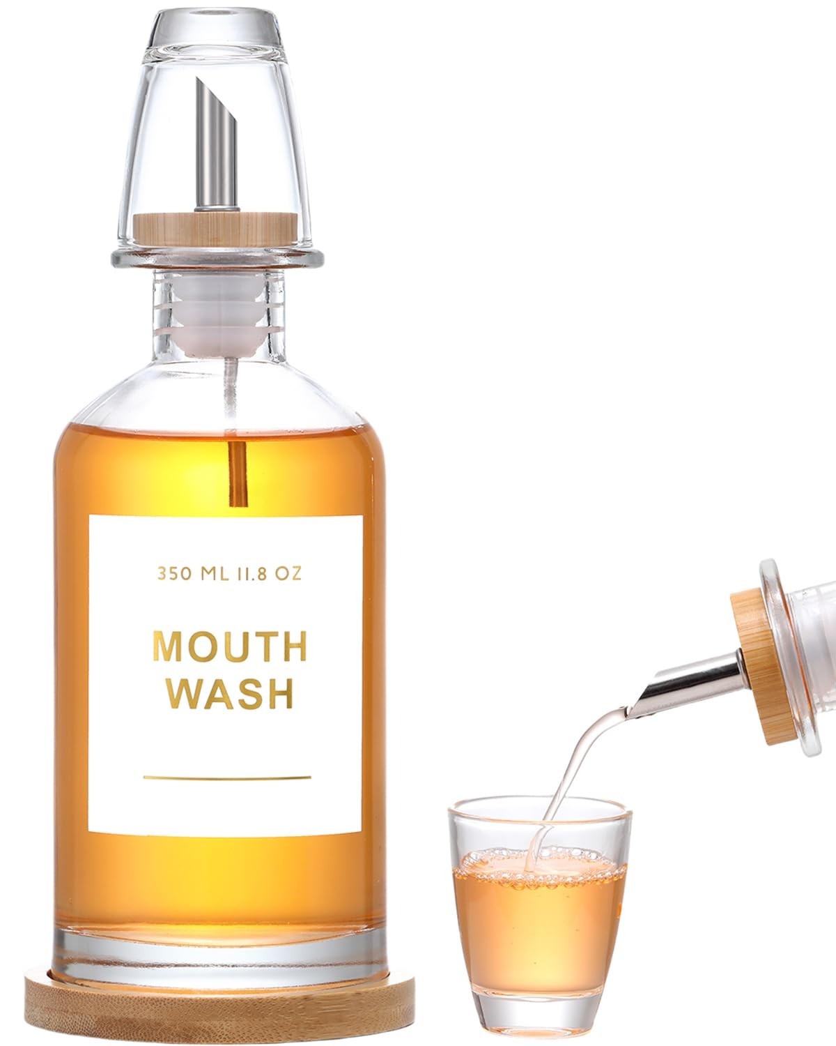 11.8OZ Glass Mouthwash Dispenser for Bathroom with Stainless Steel & Nozzle, ...