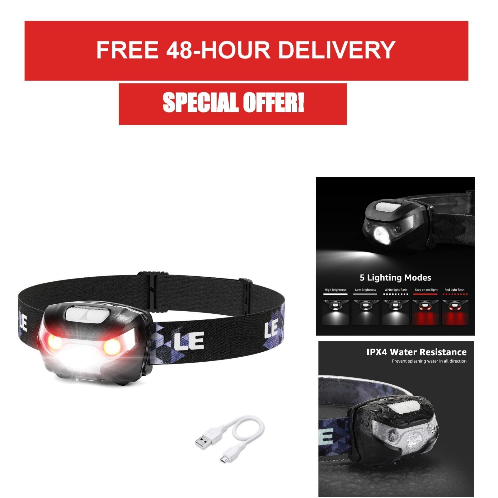Lepro LED Headlamp Rechargeable - 5 Modes, Waterproof, 300 Lumens