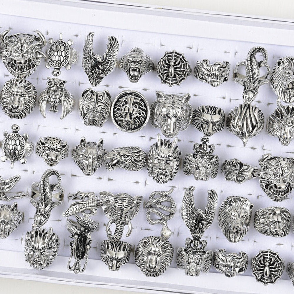 50pcs/Lots Vintage Punk Animal Metal Silver Plated Jewelry Rings For Men Women