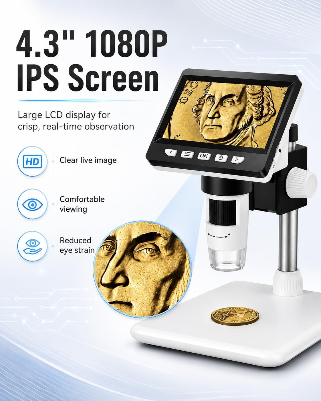 Digital Coin Microscope 1000X, 4.3" LCD Coin Magnifier with Screen for Error