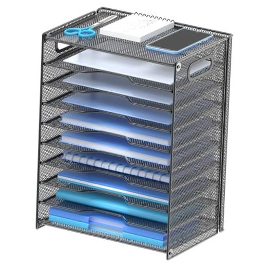 10 Tier Paper Organizer - Letter Tray Mesh Desk File Organizer with Black