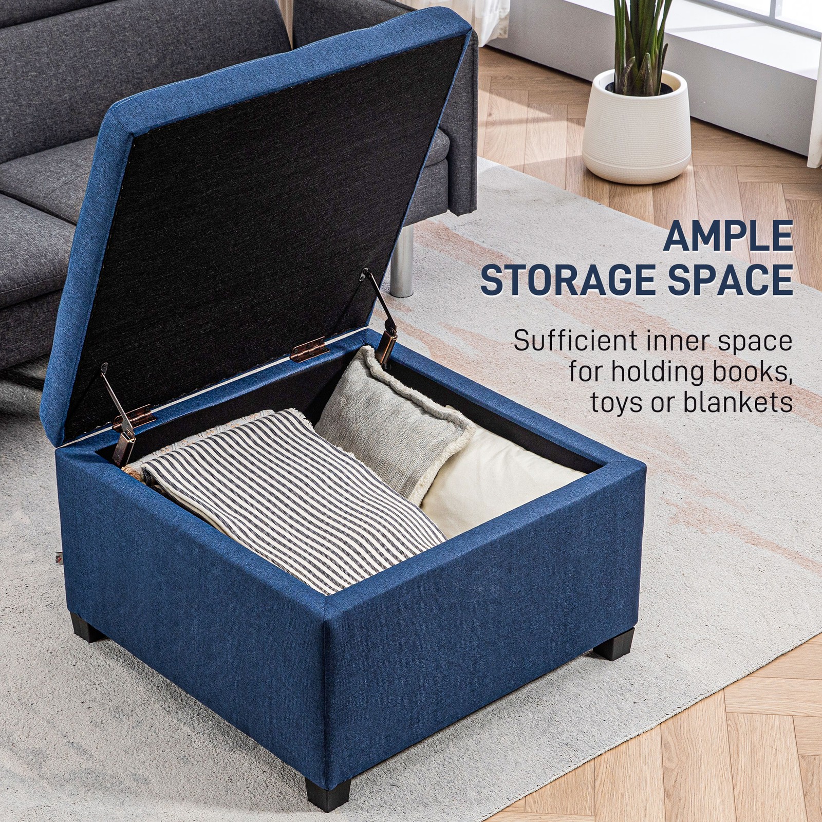 Fabric Tufted Storage Ottoman with Flip Top Lid, Eucalyptus Wood Frame Blue