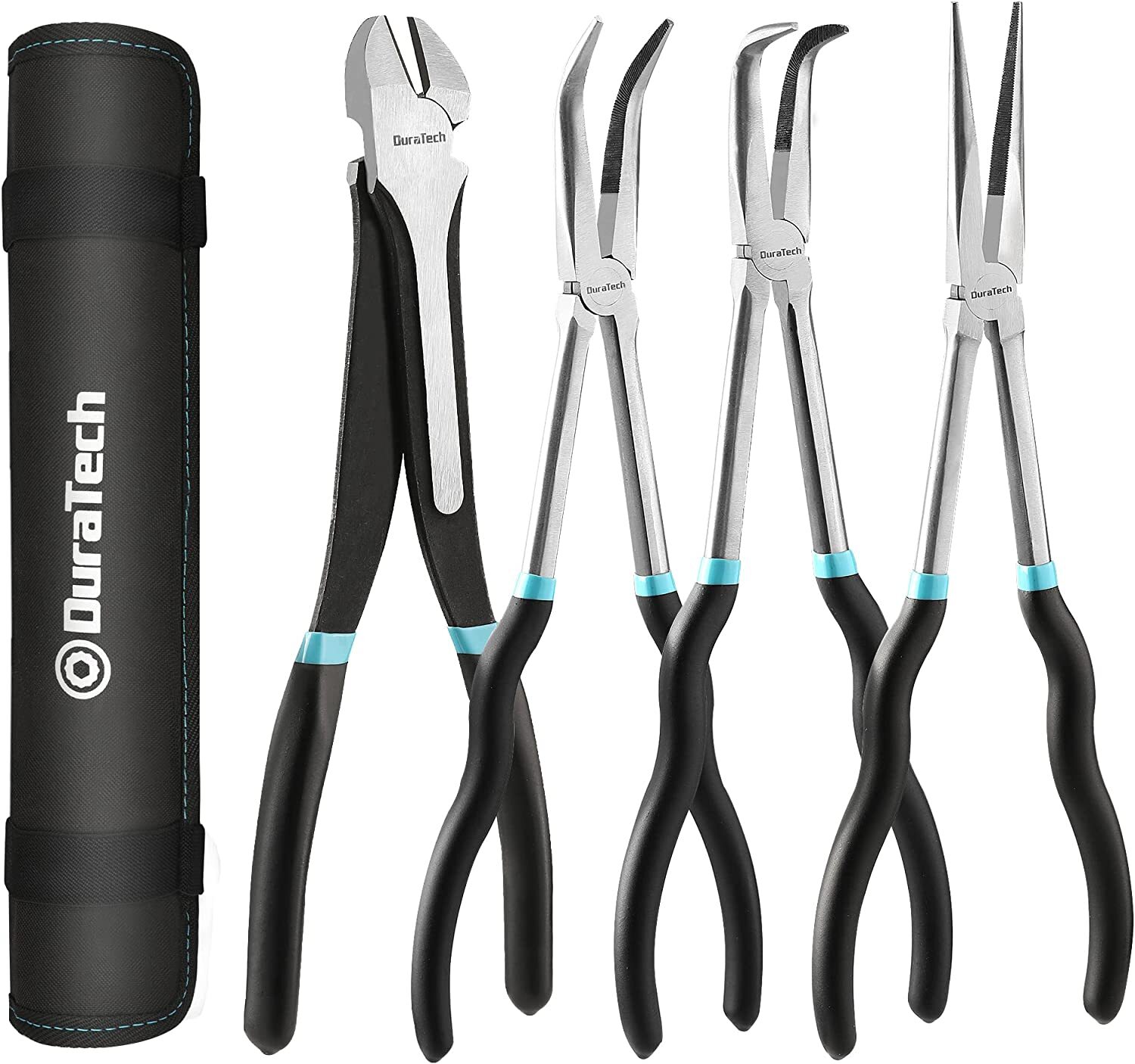 DURATECH 4PC Extra Long Needle Nose Plier Set 90°Bent Nose Plier w/Rolling Pouch