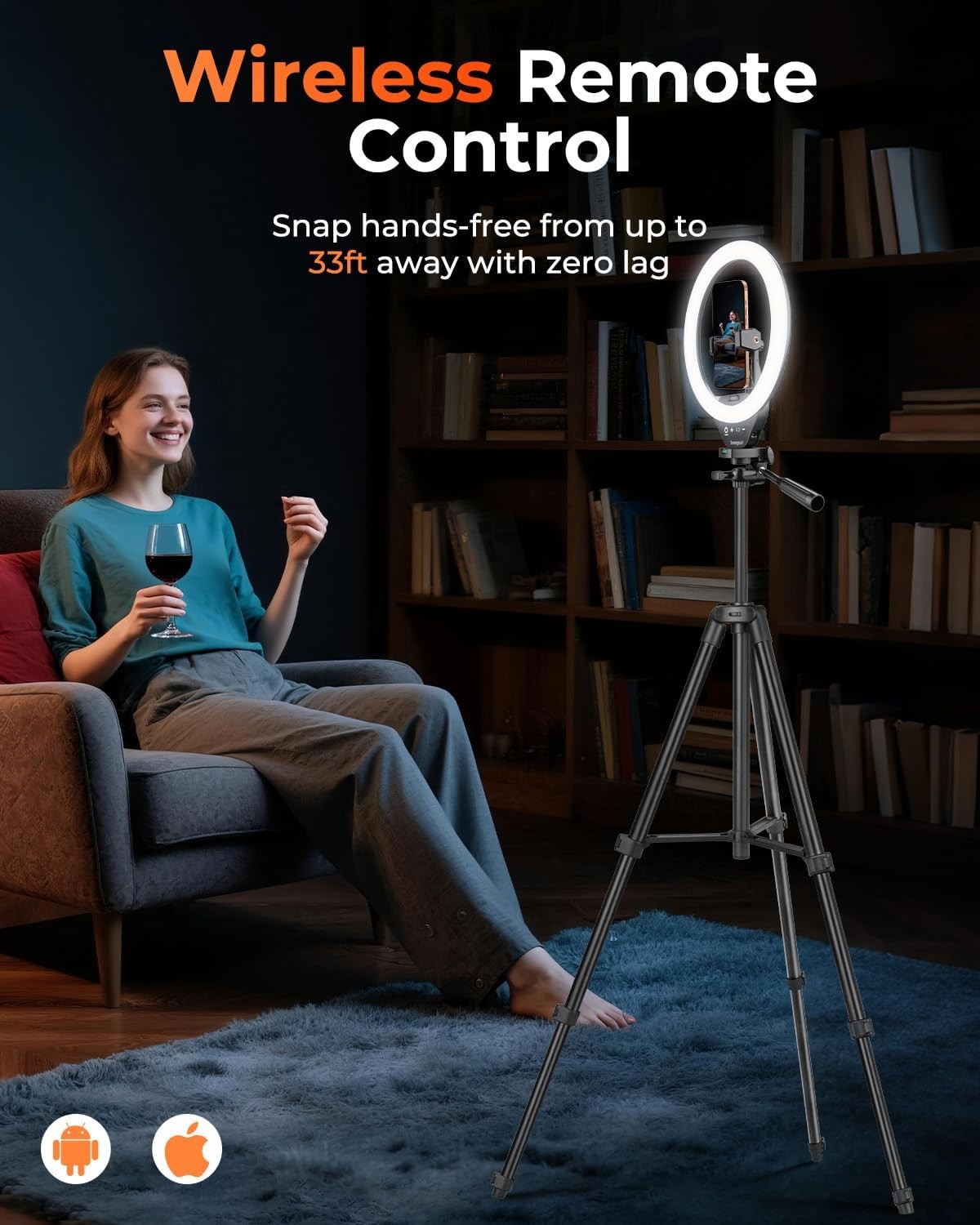 50'' Extendable Tripod Stand with LED Circle Lights & Wireless Remote Shutter an