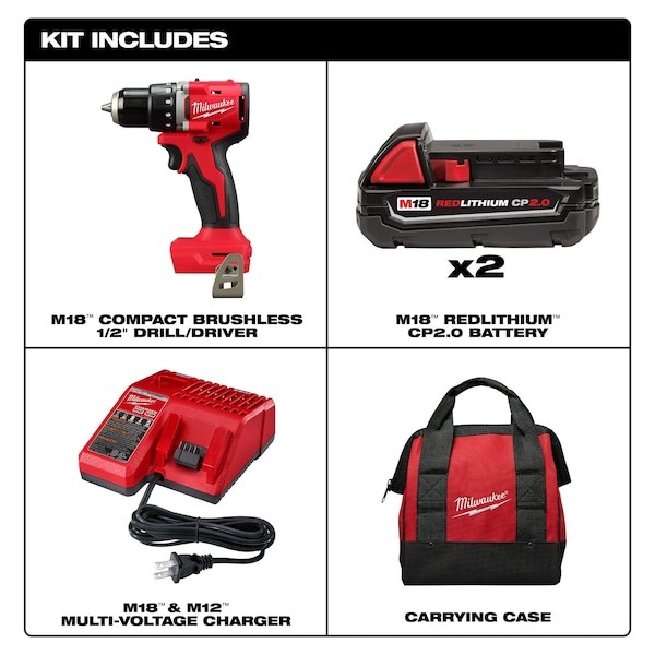 Milwaukee Tool 3601-22Ct M18 Compact Brushless 1/2" Drill/Driver Kit