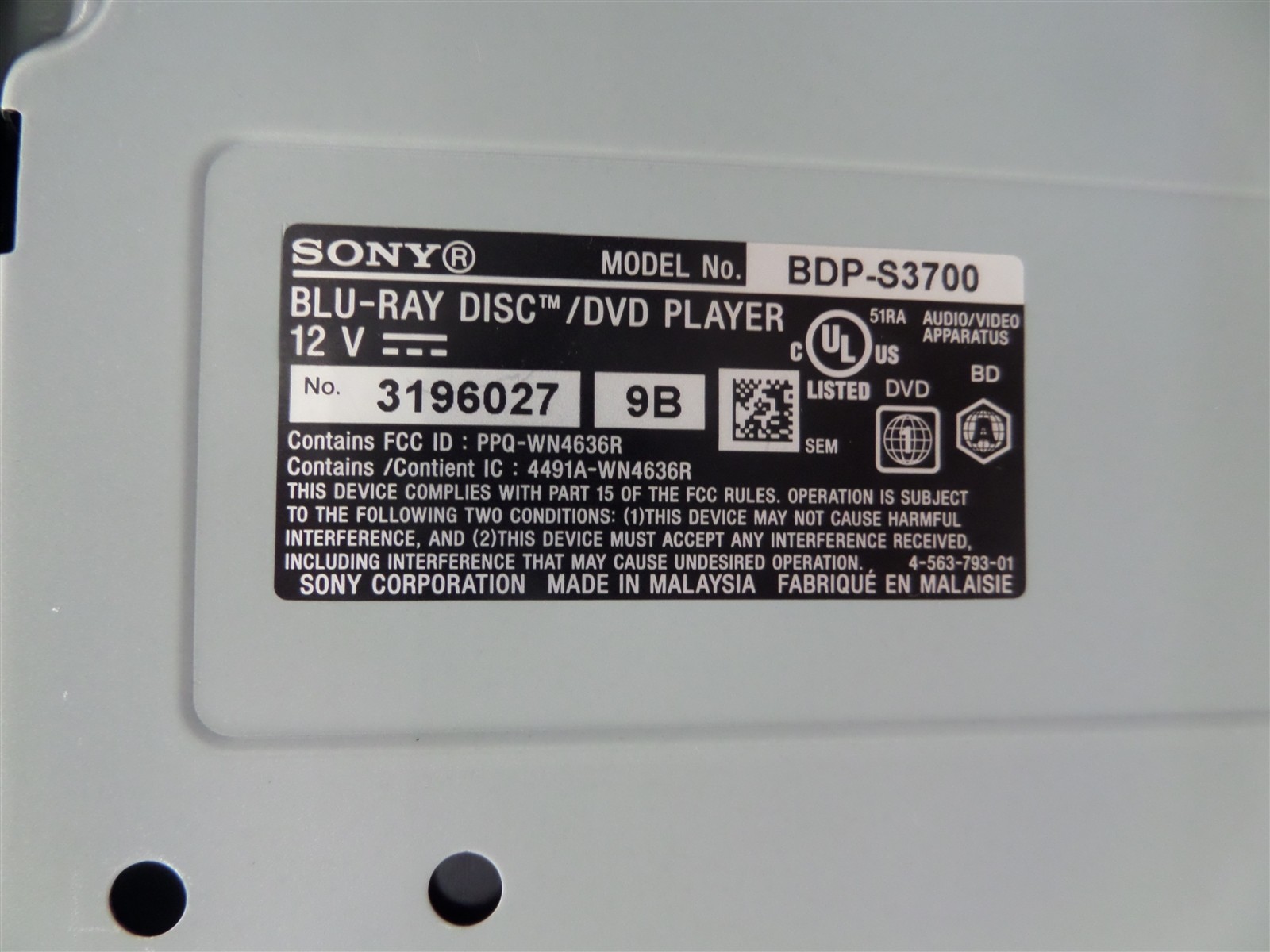 Sony BDP-S3700 Blu-Ray Disc/DVD Player - No Remote Or Power Adapter