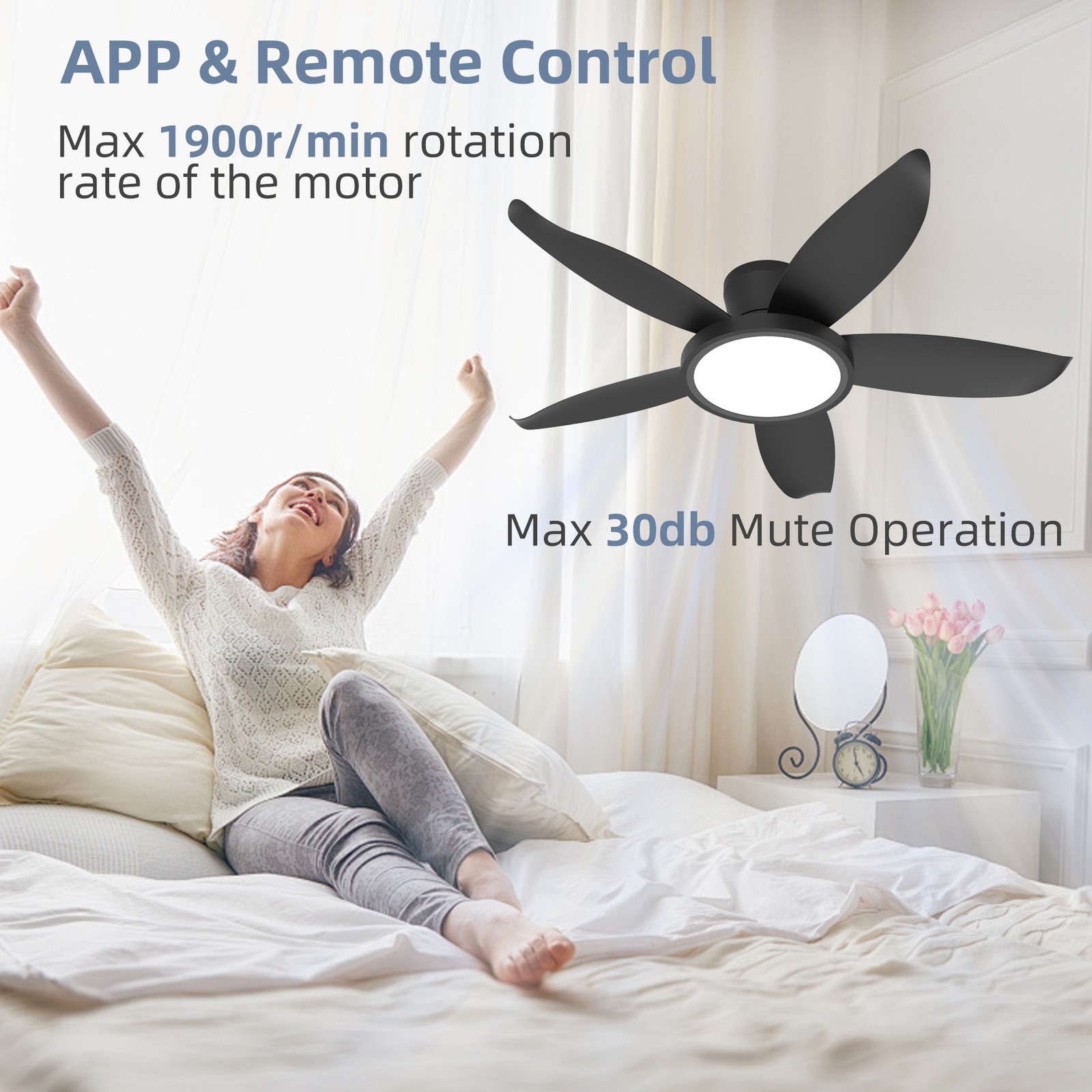 42" Low Profile Black Ceiling Fans with LED Light Flush Mount Remote APP Control