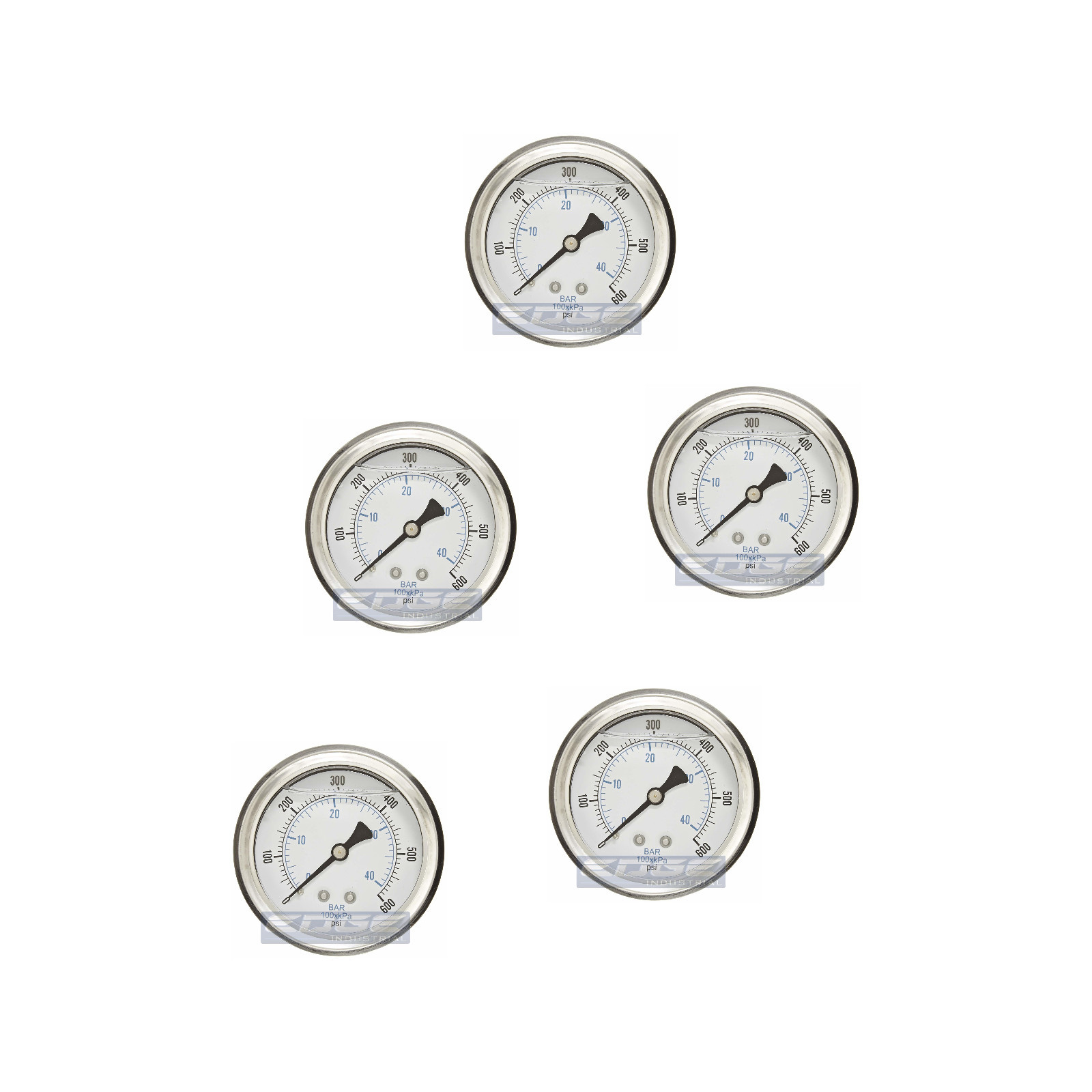 5 PACK LIQUID FILLED PRESSURE GAUGE 0-600 PSI, 2.5" FACE, 1/4" BACK MOUNT WOG