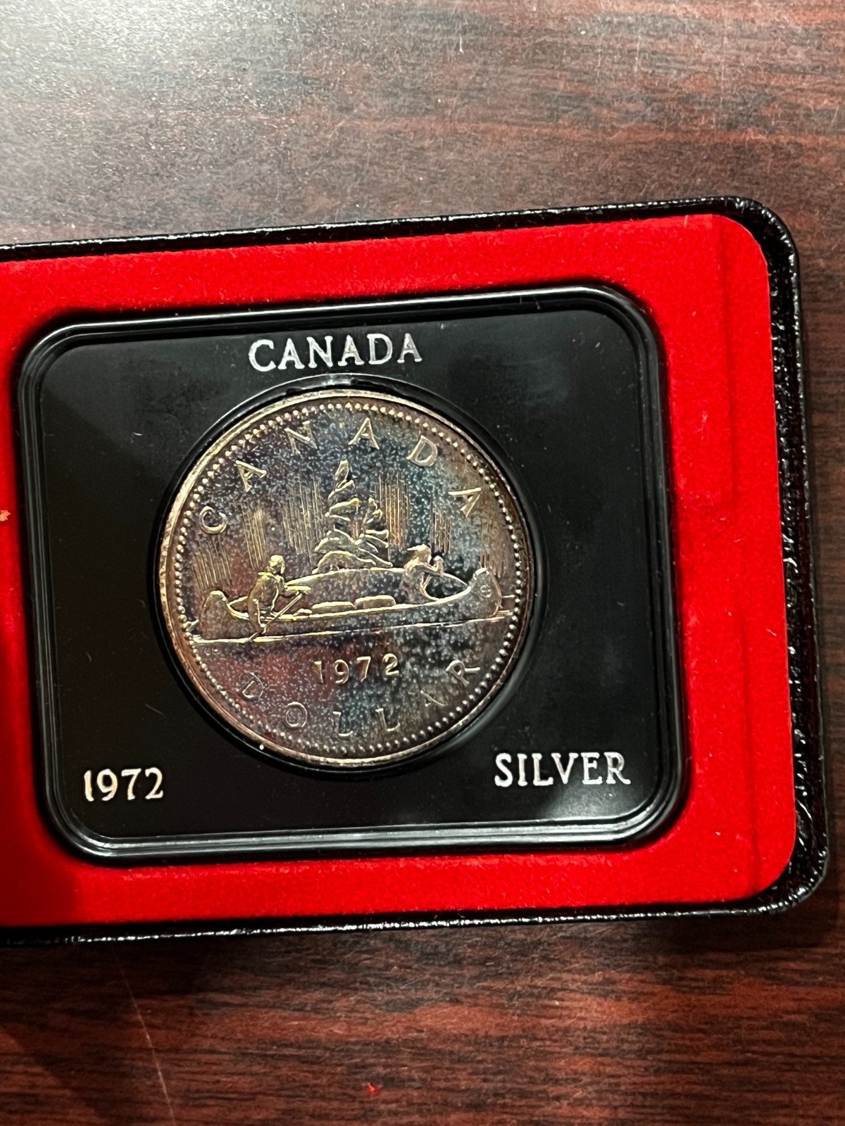 1972 Canada $1 Silver Dollar in Original Display Box w/ Sleeve,  Toned