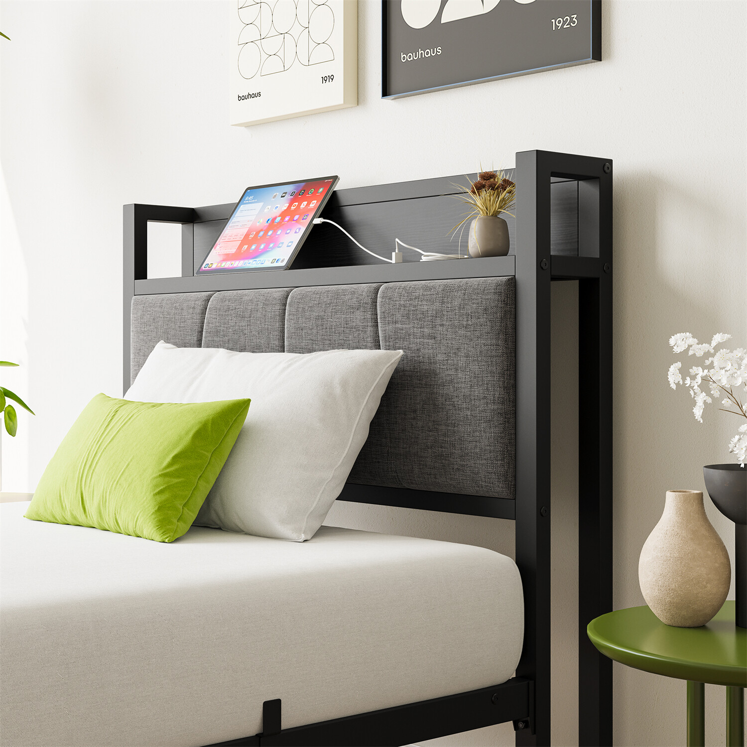 Twin/Full Size Bed Frame Metal Platform Bed Frame w/ Storage Headboard Black US