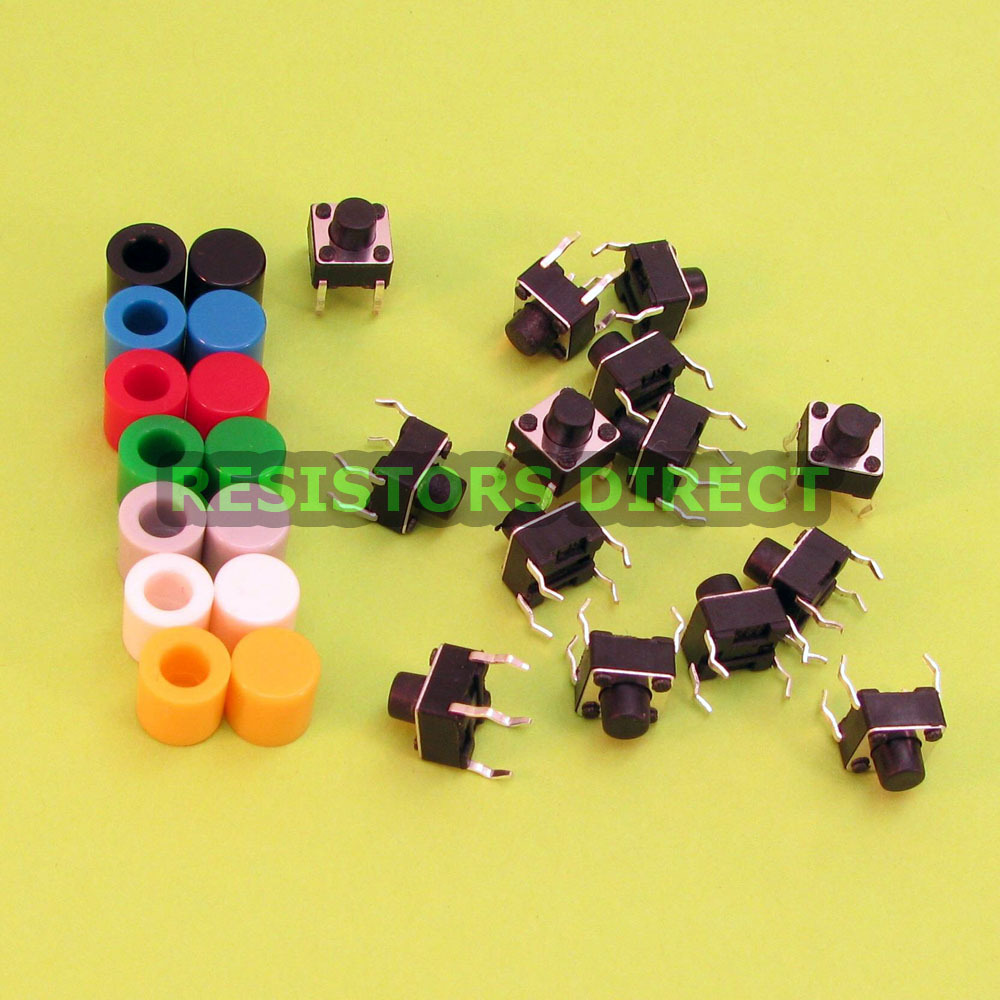 14pcs 6x6x6 Tactile Tact Switch & 7 Color Button Caps Momentary U95