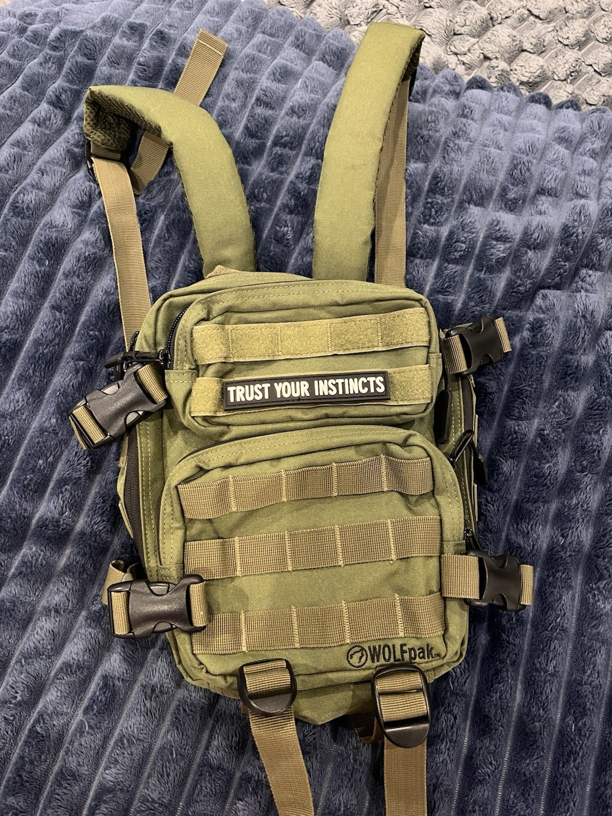 WOLFpak Green Tactical Backpack MOLLE Zip Closure "Trust Your Instincts" Patch