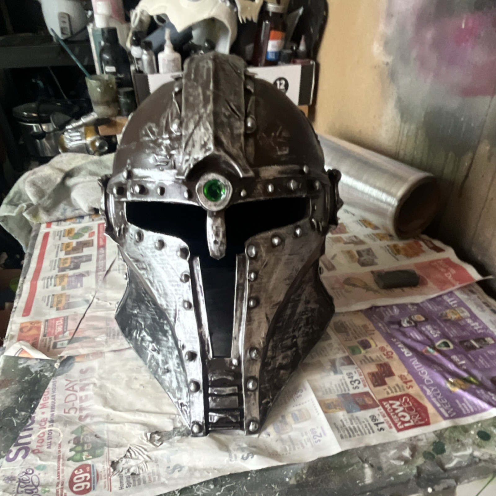 Mandalorian, WarhammerSilver and Black Medieval Costume Helmet with Green Gem