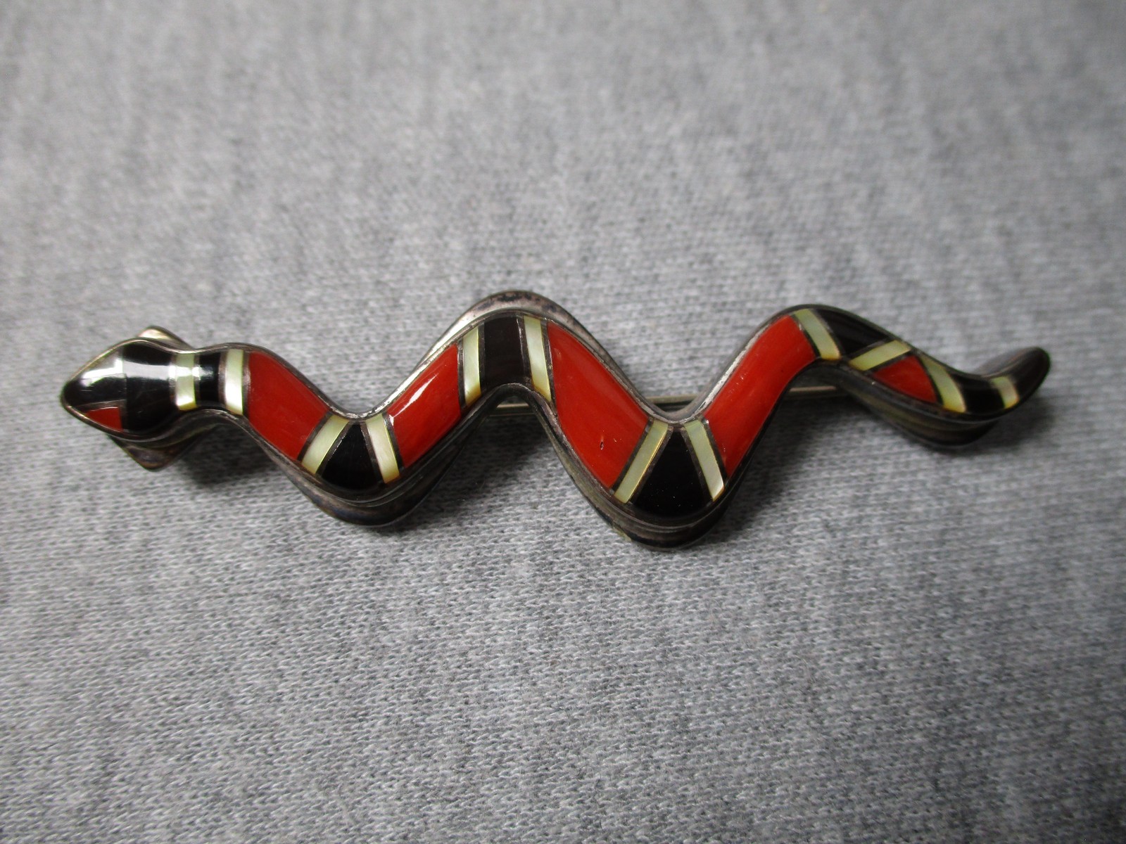 Vintage Sterling Silver Libertad Mexico Pin Snake Brooch Red Black Enamel Animal