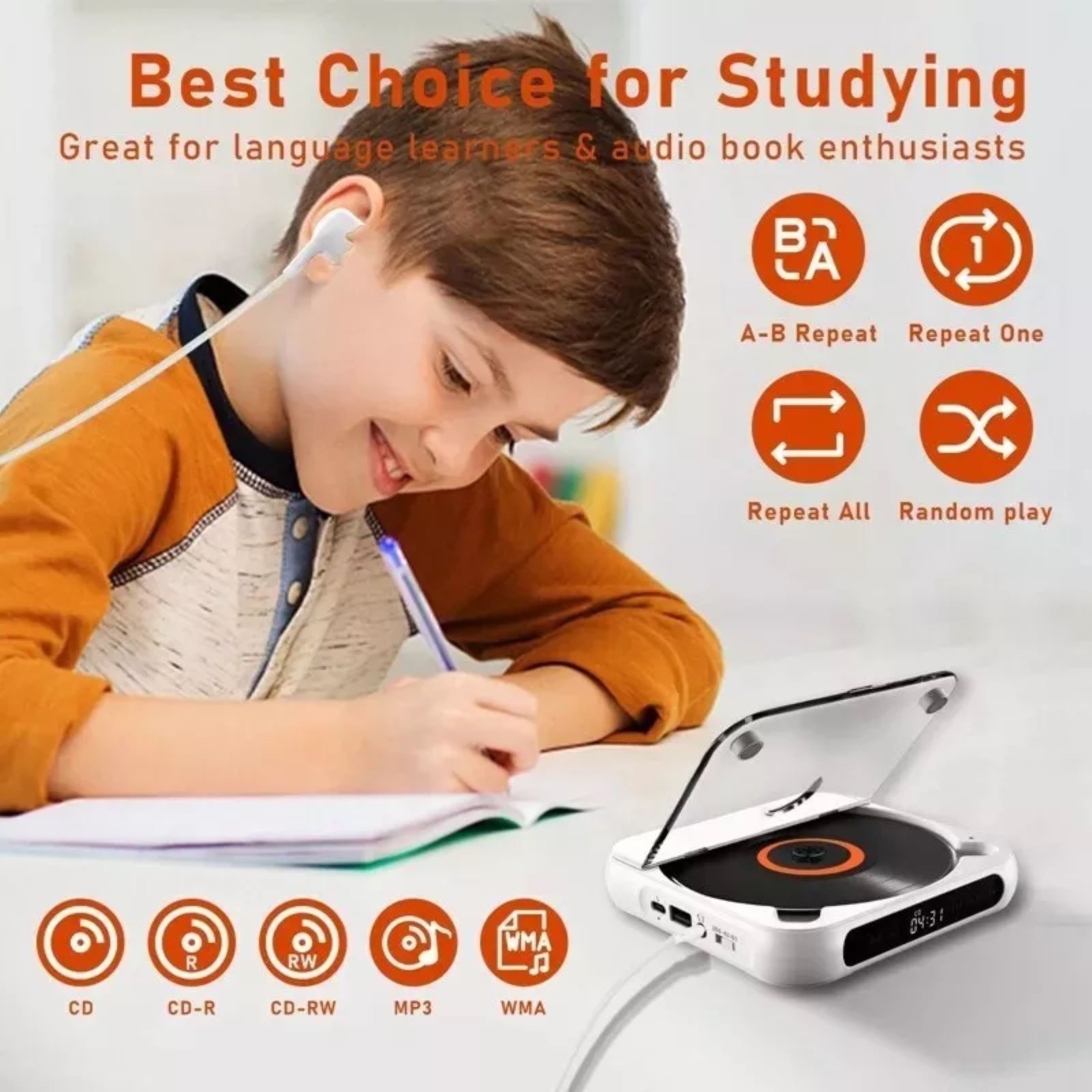 5V2A Bluetooth 5.3 Multi-function CD Player W/Wired Earphone CD/USB/3.5mm AUX