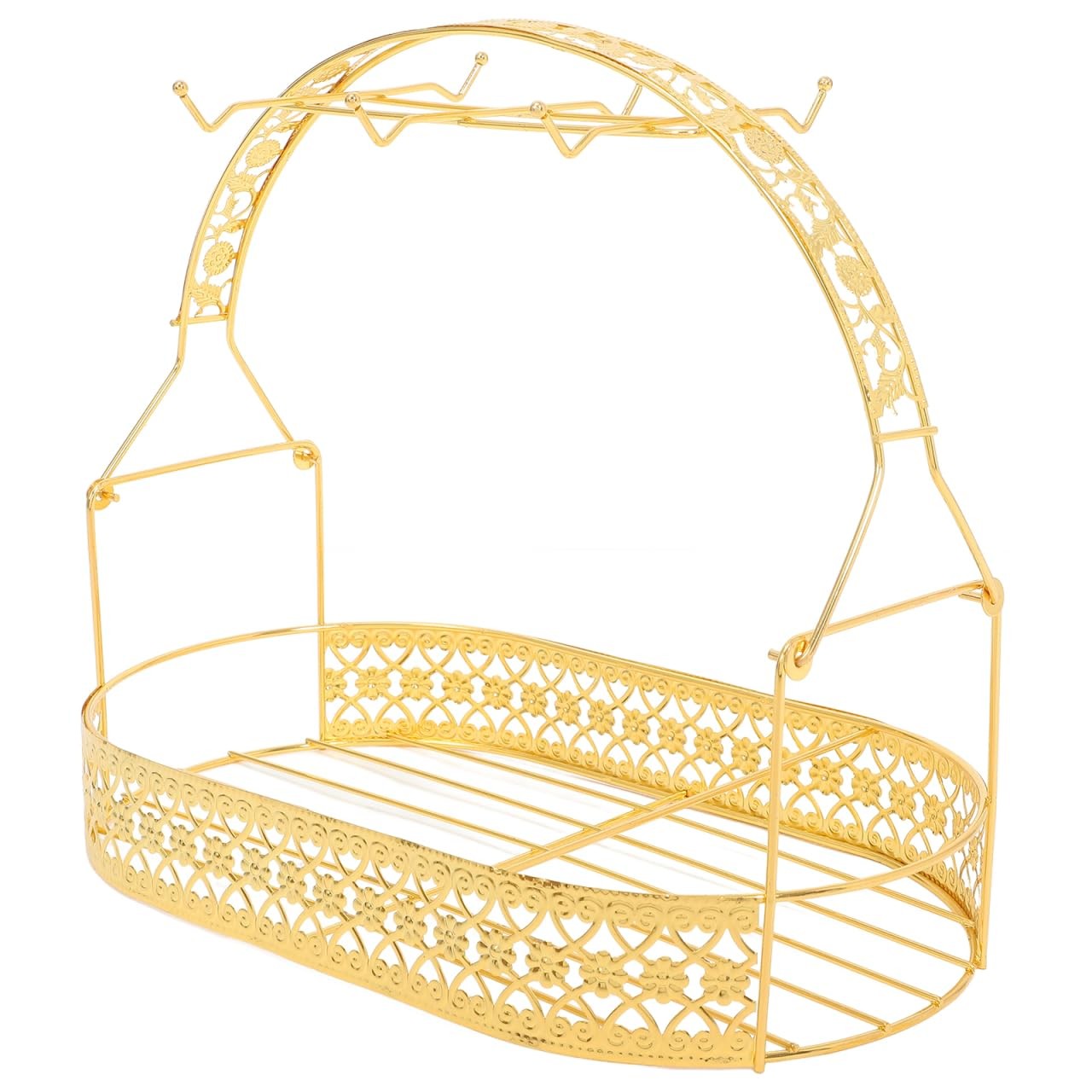 Gold Cup Rack Organizer Wrought Iron Mug Holder with 6 Hooks and Wire Storage...