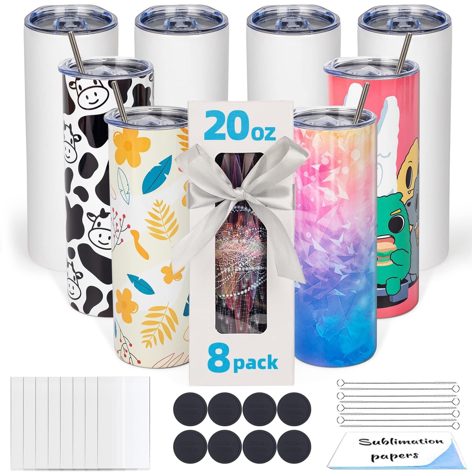 8 Pack 20oz Sublimation Tumbler Blanks Skinny Straight in Bulk, Stainless Ste...