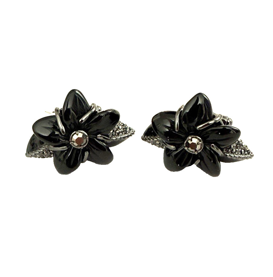 Anne Fontaine Ladies INUIT Flower Cufflinks Black Glass Crystal Grey Rhinestones
