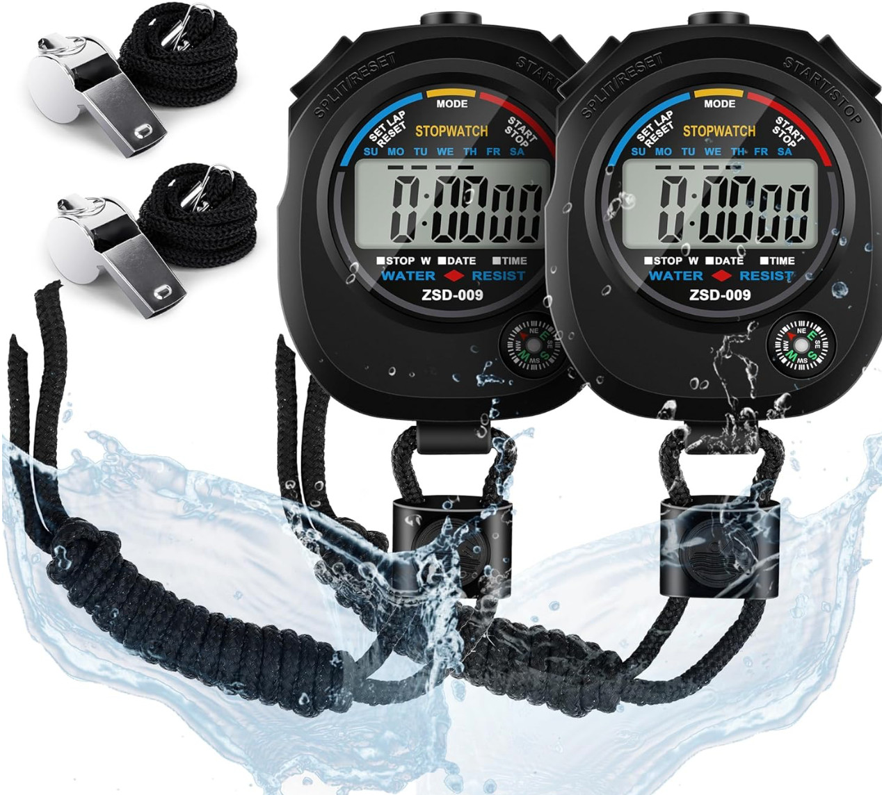 2 Pack Digital Stopwatch Timer Waterproof Sports Stopwatch with Whistles