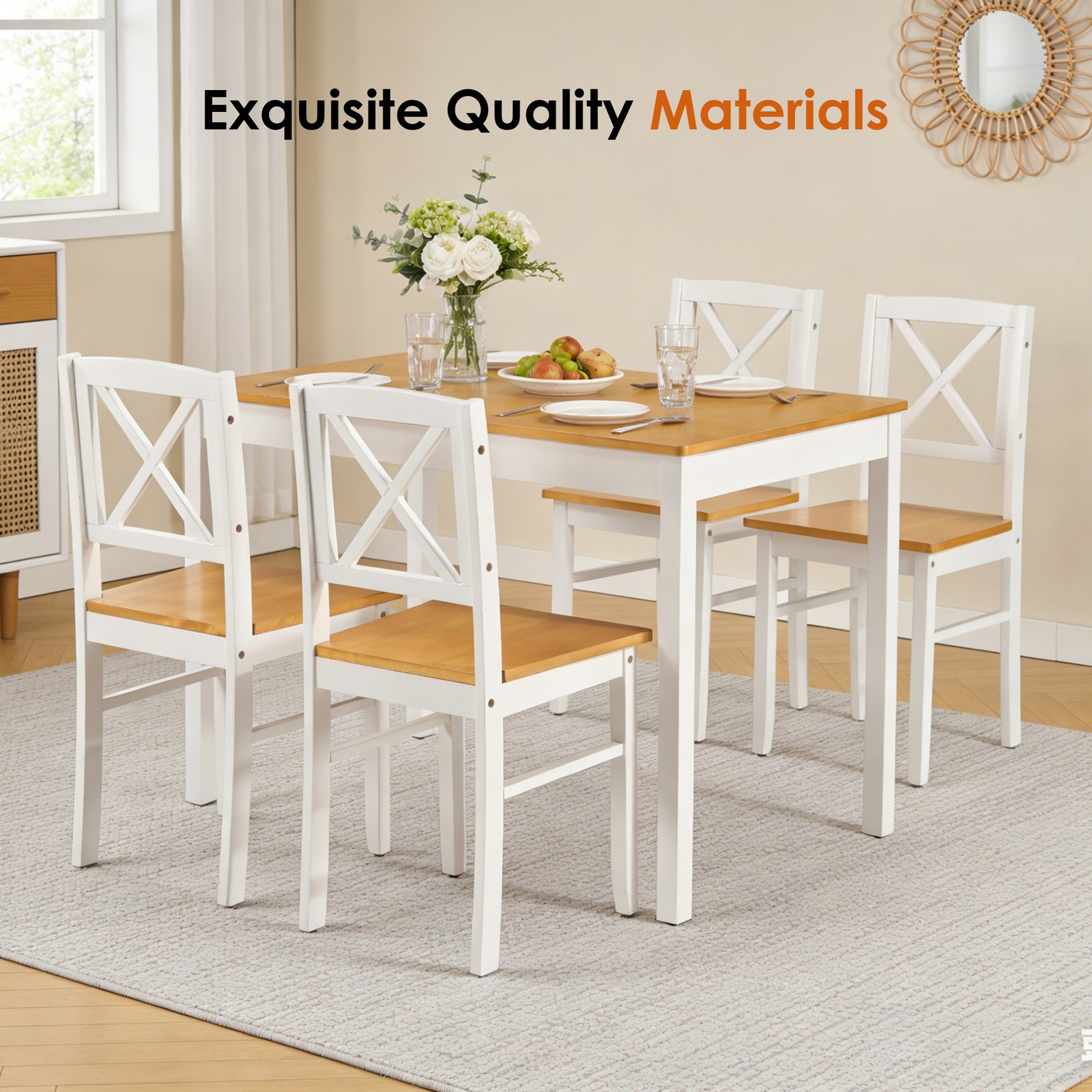 5-Piece Rubberwood Kitchen Dining Table Set with 4 Chairs