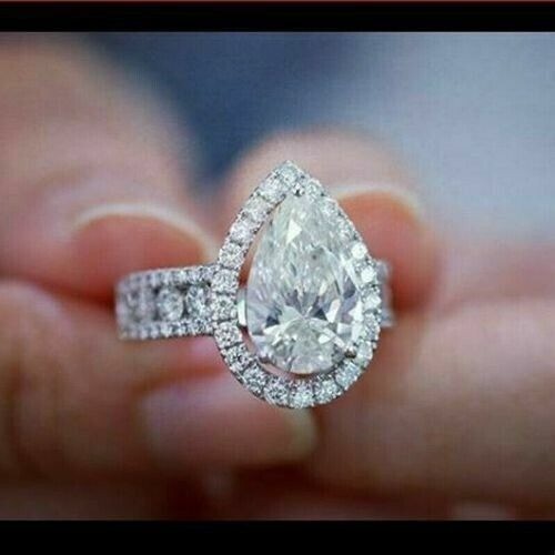 Pear Cut Lab-Created 3.10 Ct White Diamond Wedding Ring 925 Sterling Silver