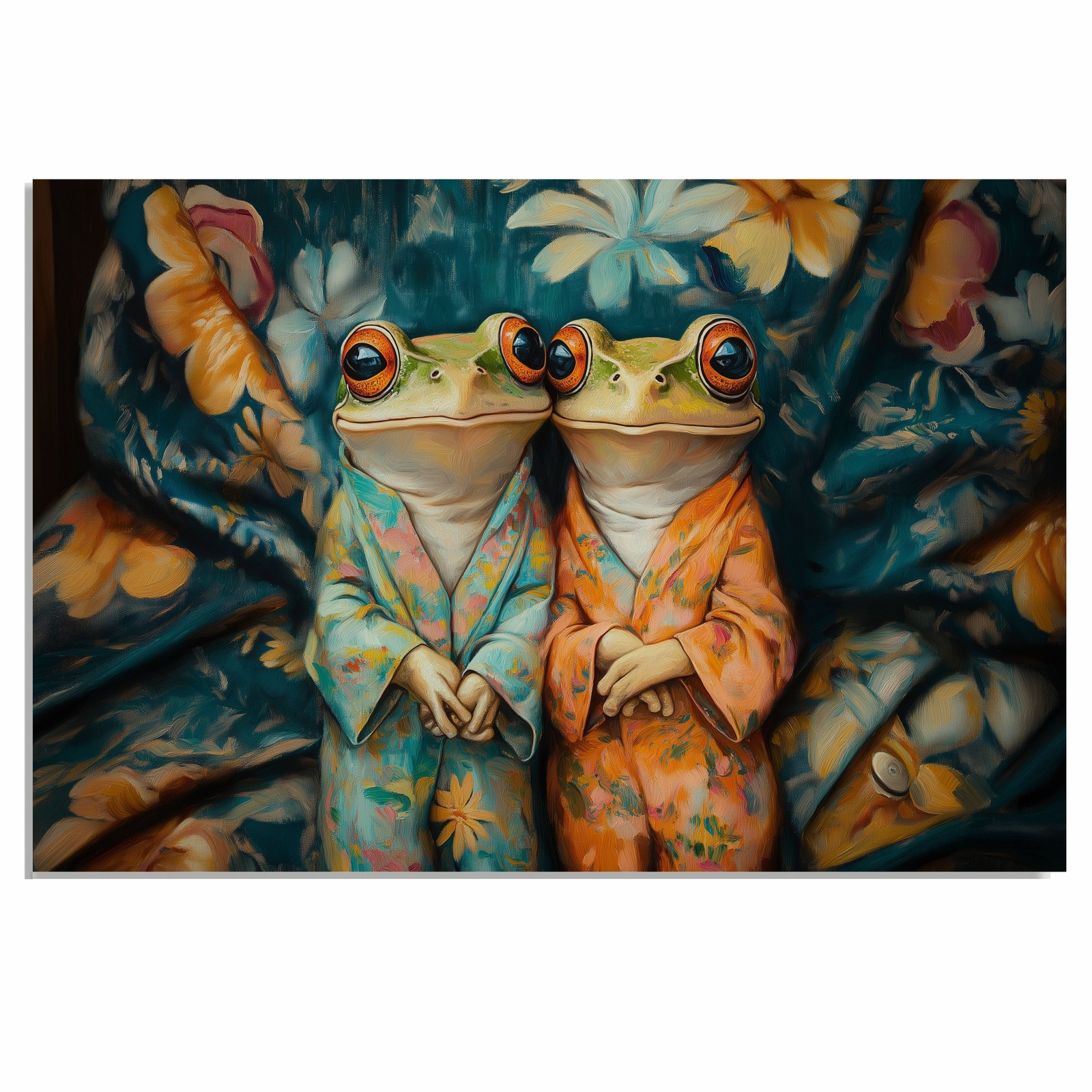 Frogs in Floral Pajamas for Wall Art Decor Flat Rolled, Framed or Wrapped Canvas