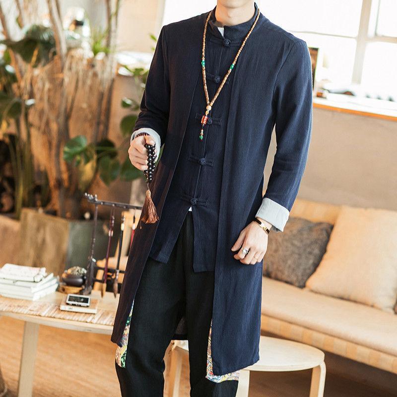 Chinese Style Men's Cotton Linen Long Jacket Retro Trench Coat Casual Outwear