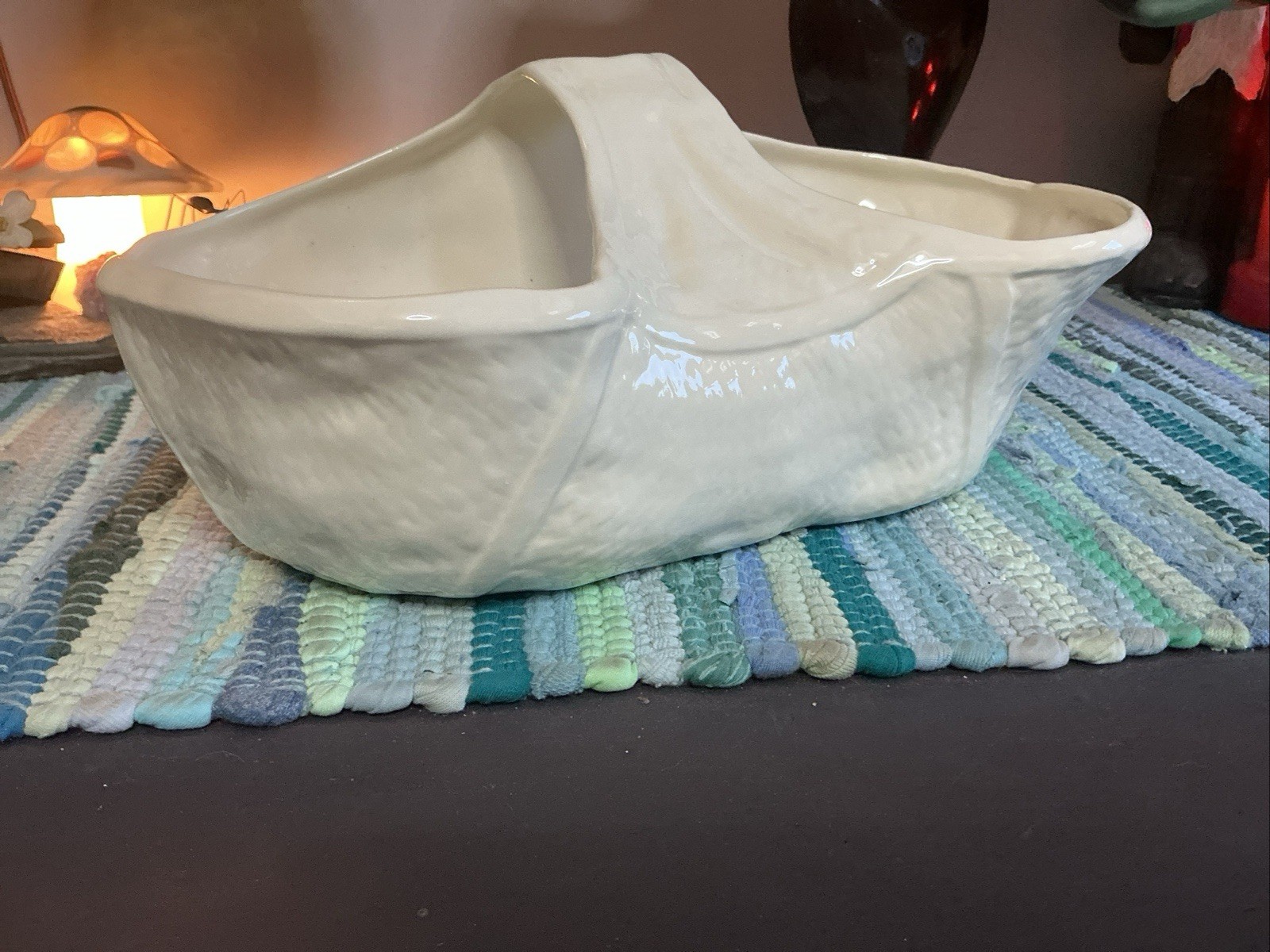 MCM Retro Ceramic Flower Basket Planter Basketweave Off White Signed Cottage