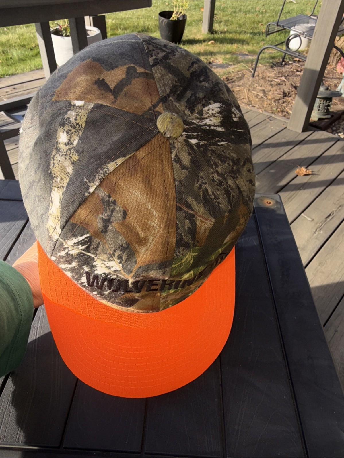 Wolverine in Black on Camouflage Hat Cap w Fluorescent Orange Bill SnapBack