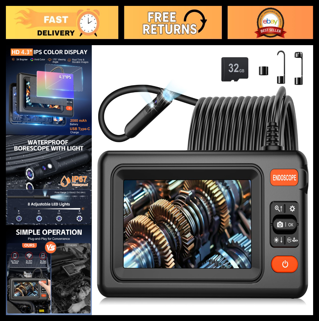 Dual Lens HD Endoscope Camera 1920P, 4.3" LCD, 16.4FT Cable, Waterproof Borescop